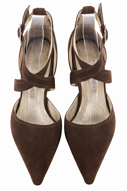 Dark brown women's open side shoes, with crossed straps. Pointed toe. Low block heels. Top view - Florence KOOIJMAN